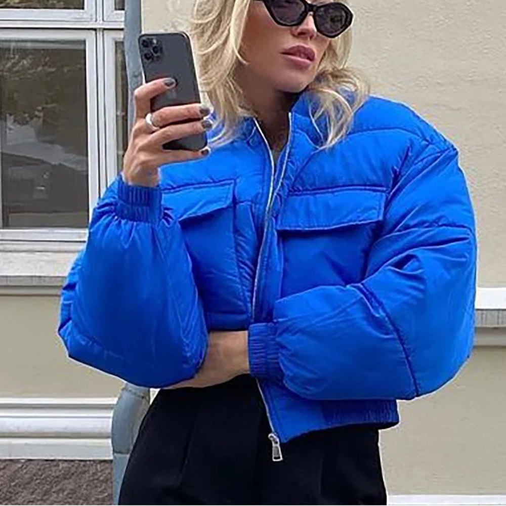 Na-Kd Women Eu 40 Us L Blue Casual Cargo Full Zip Short Puffer Bomber Jacket Nwt